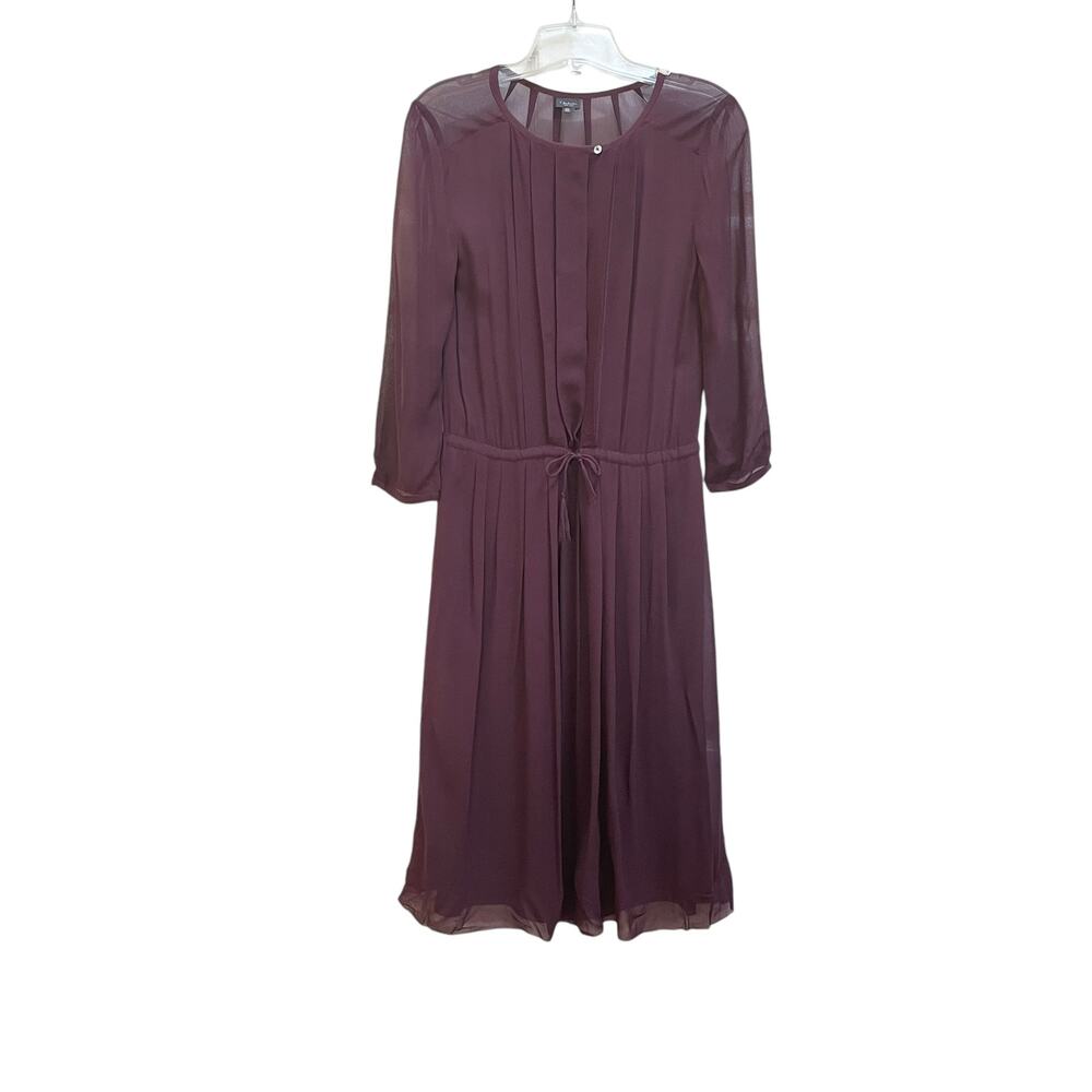 Babaton Aritzia Burgundy Pleated 3/4 Sleeve Tie Waist Crepe Midi Dress Size XXS